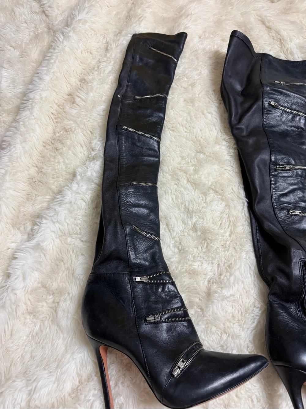 Schutz Black Leather Over-the-Knee Stiletto Boot with Zipper Accents size 6B